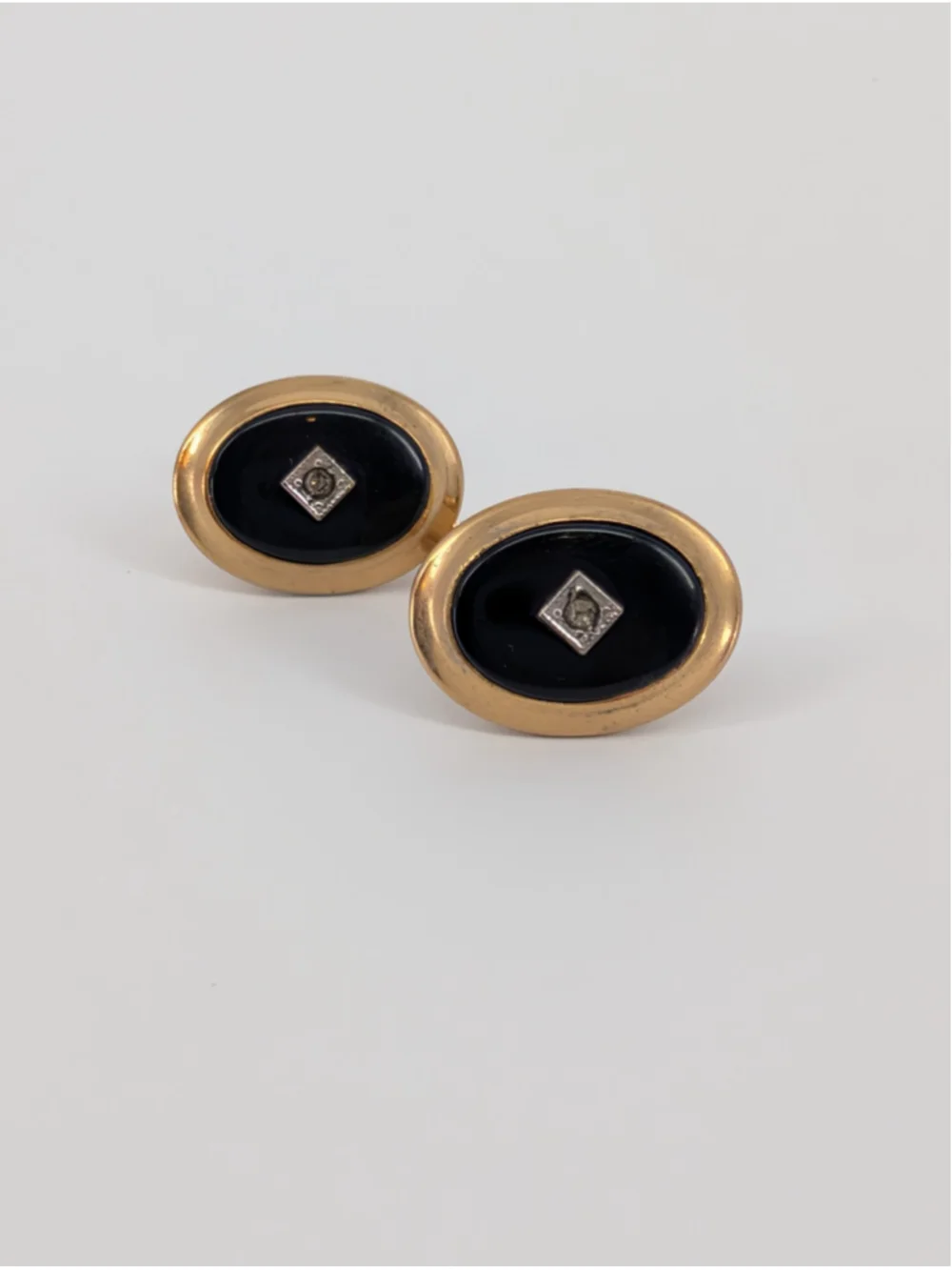Vintage Anson Pat Pend MCM Gold Tone Black Oval Rhinestone Cufflinks Formalwear